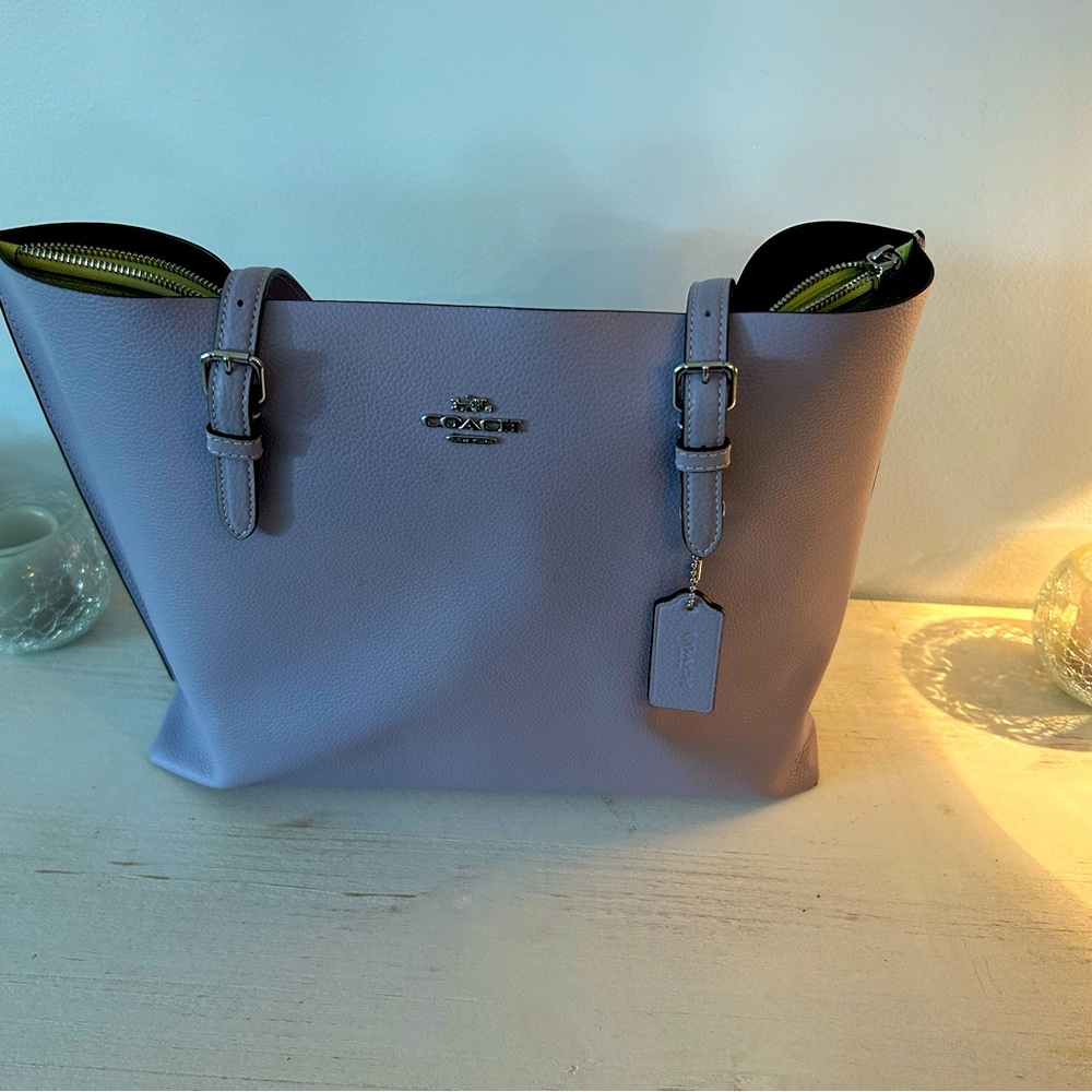Coach messenger bag. Lavender outside with green interior.